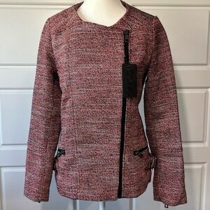 Iconic Tweed Moto Jacket Asymmetrical Zip Front Pockets Coral Black MD